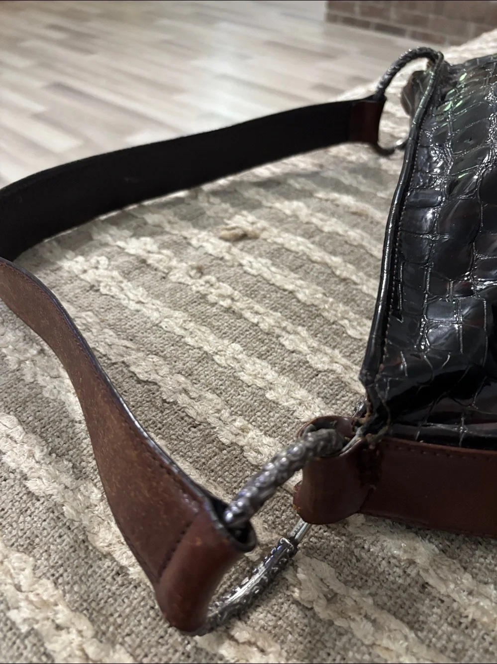 Brighton Croc- Embossed Glossed Dark Brown Large‎ Ring Leather Shoulder Tote Bag